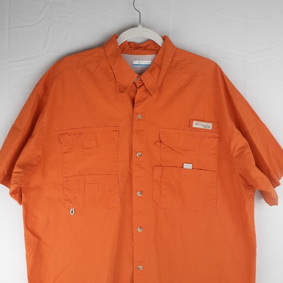 Columbia PFG Mens Large Button Up Orange Shirt Vented Back Fishing Cargo Pockets - Picture 5 of 12